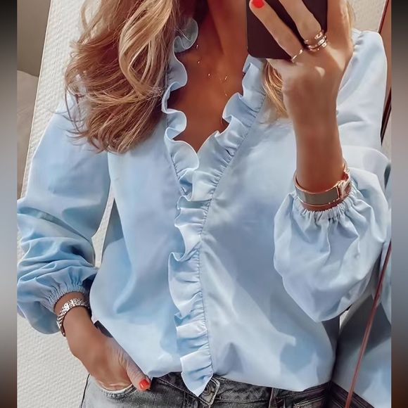 Blue Door Boutique Tops - NEW Ruffled Trim V Neck Blouse